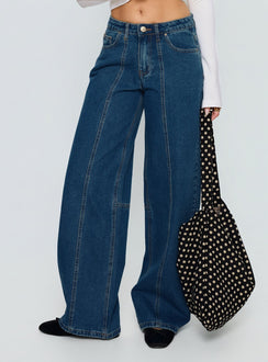 front view of model wearing Princess Polly Lando Low Rise Straight Leg Jeans Mid Blue Wash Mid Rise Jeans Jeans 