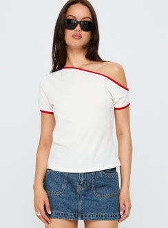 front view of model wearing Princess Polly Kelsa Off Shoulder Contrast Trim Top White / Red Short Sleeves Asymmetric Neckline 
