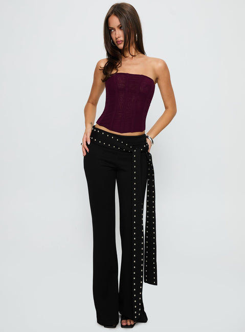 front view of model wearing Princess Polly Nikolia Studded Wrap Belt Pants Black Mid Rise Pants Pants 