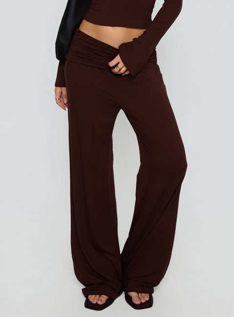 side view of model wearing Princess Polly Fawne Ruched Folded Pants Brown Mid Rise Pants Pants 