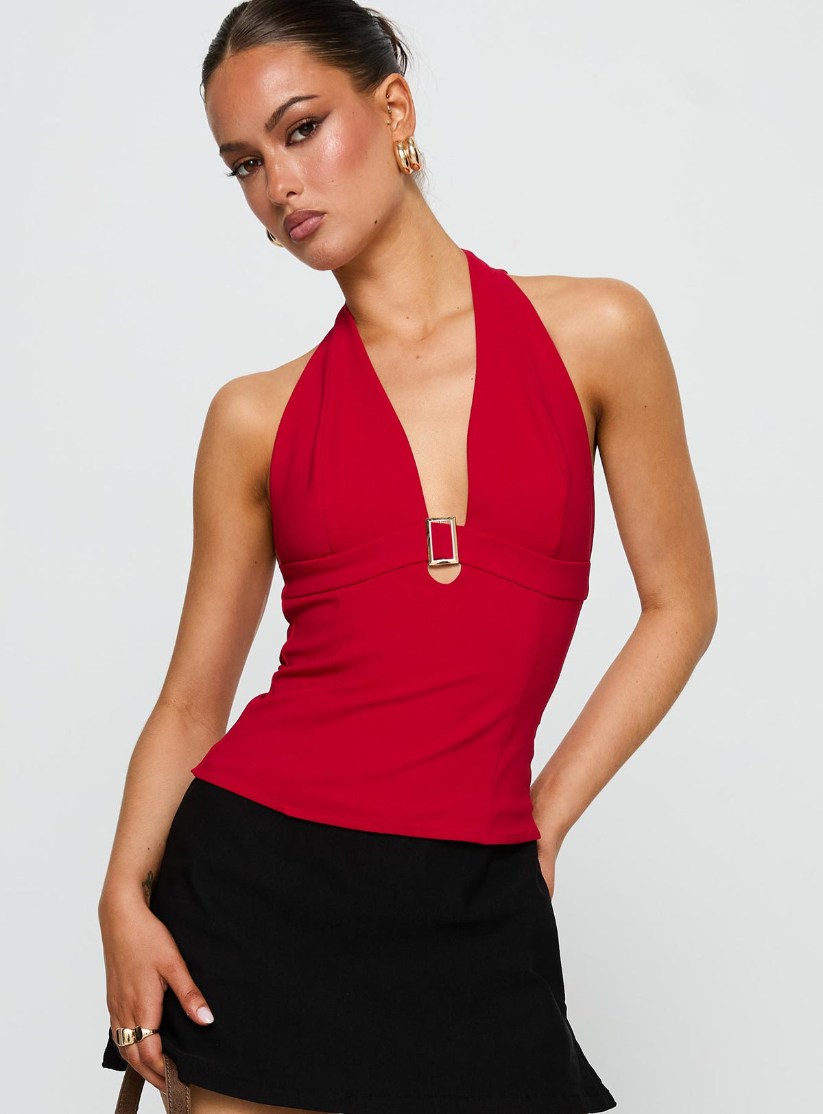front view of model wearing Princess Polly In Your Life Halter Top Red Sleeveless Plunger 