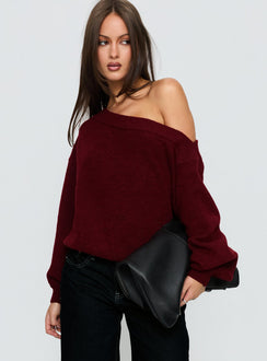 front view of model wearing Princess Polly Noble Off The Shoulder Sweater Red Cropped Jumpers 