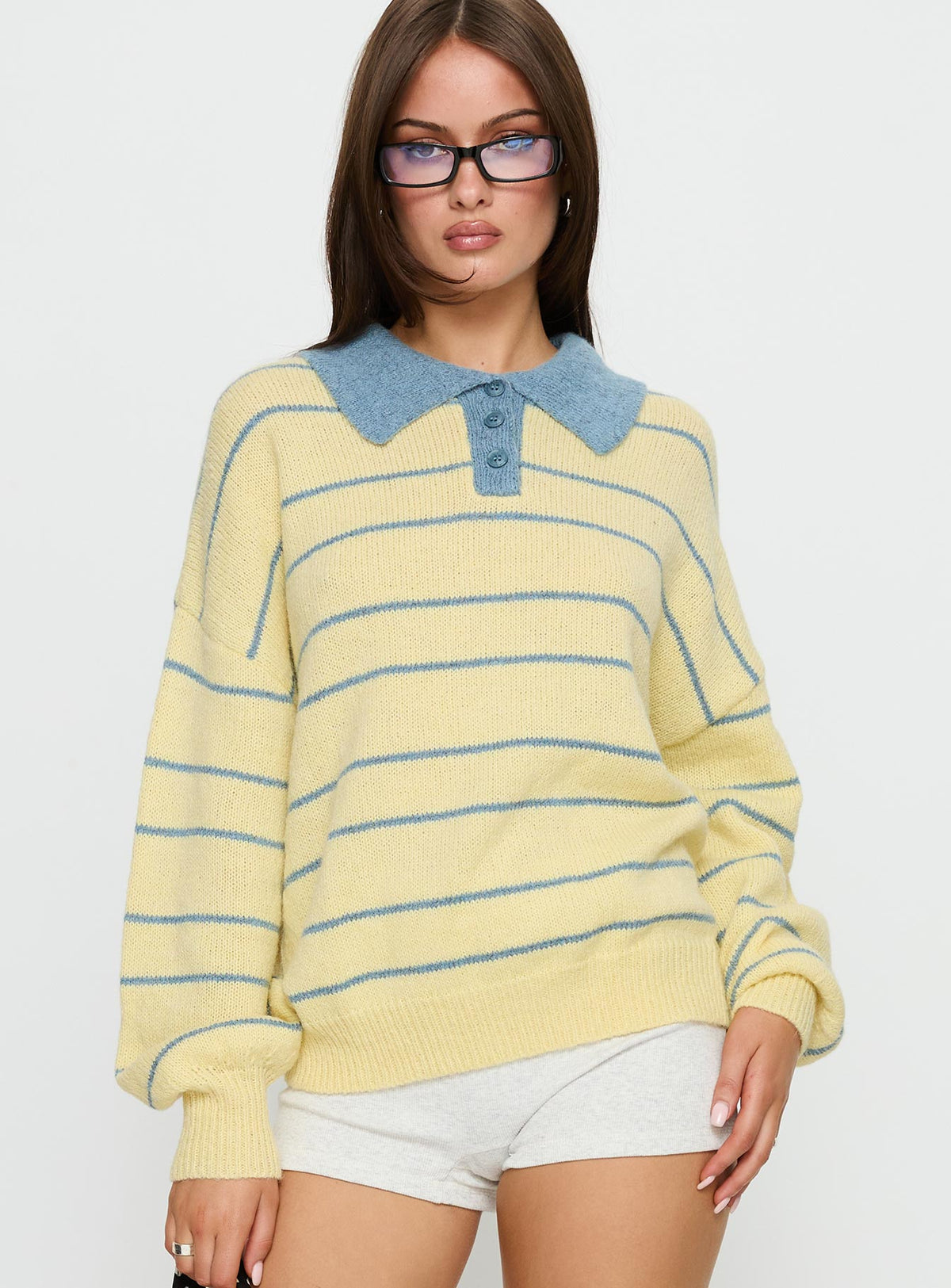 front view of model wearing Princess Polly Minda Collared Knit Sweater Yellow Stripe Jumpers 