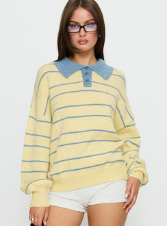 front view of model wearing Princess Polly Minda Collared Knit Sweater Yellow Stripe Jumpers 
