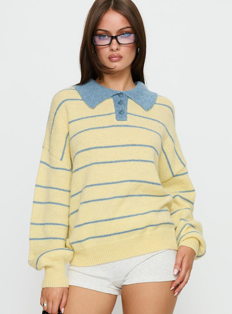 front view of model wearing Princess Polly Minda Collared Knit Sweater Yellow Stripe Jumpers 