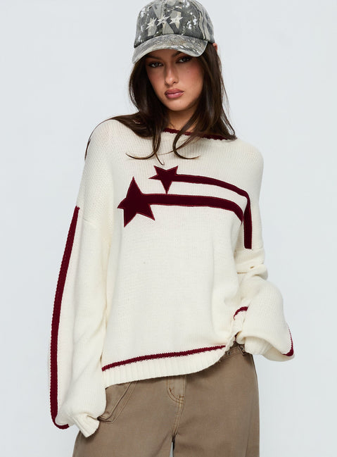 front view of model wearing Princess Polly Star Track Graphic Jumper Cream / Red Longline Jumpers Jumpers 