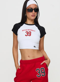 front view of model wearing Princess Polly Boston Homerun Graphic Top White / Black Short Sleeves Crew Neck 