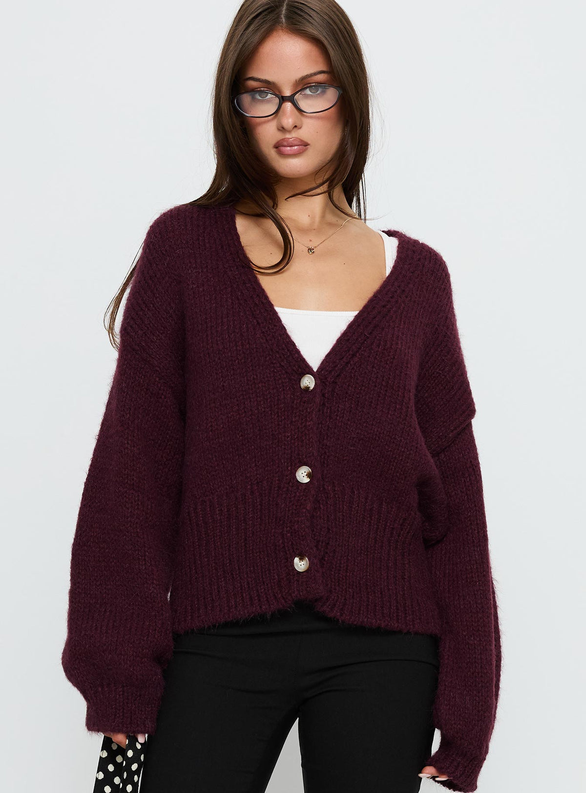 front view of model wearing Princess Polly Yasmyn Knit Cardigan Burgundy Longline Jumpers Jumpers 
