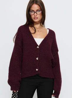 front view of model wearing Princess Polly Yasmyn Knit Cardigan Burgundy Longline Jumpers Jumpers 