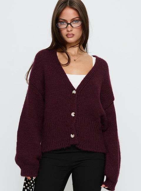 front view of model wearing Princess Polly Yasmyn Knit Cardigan Burgundy Longline Jumpers Jumpers 