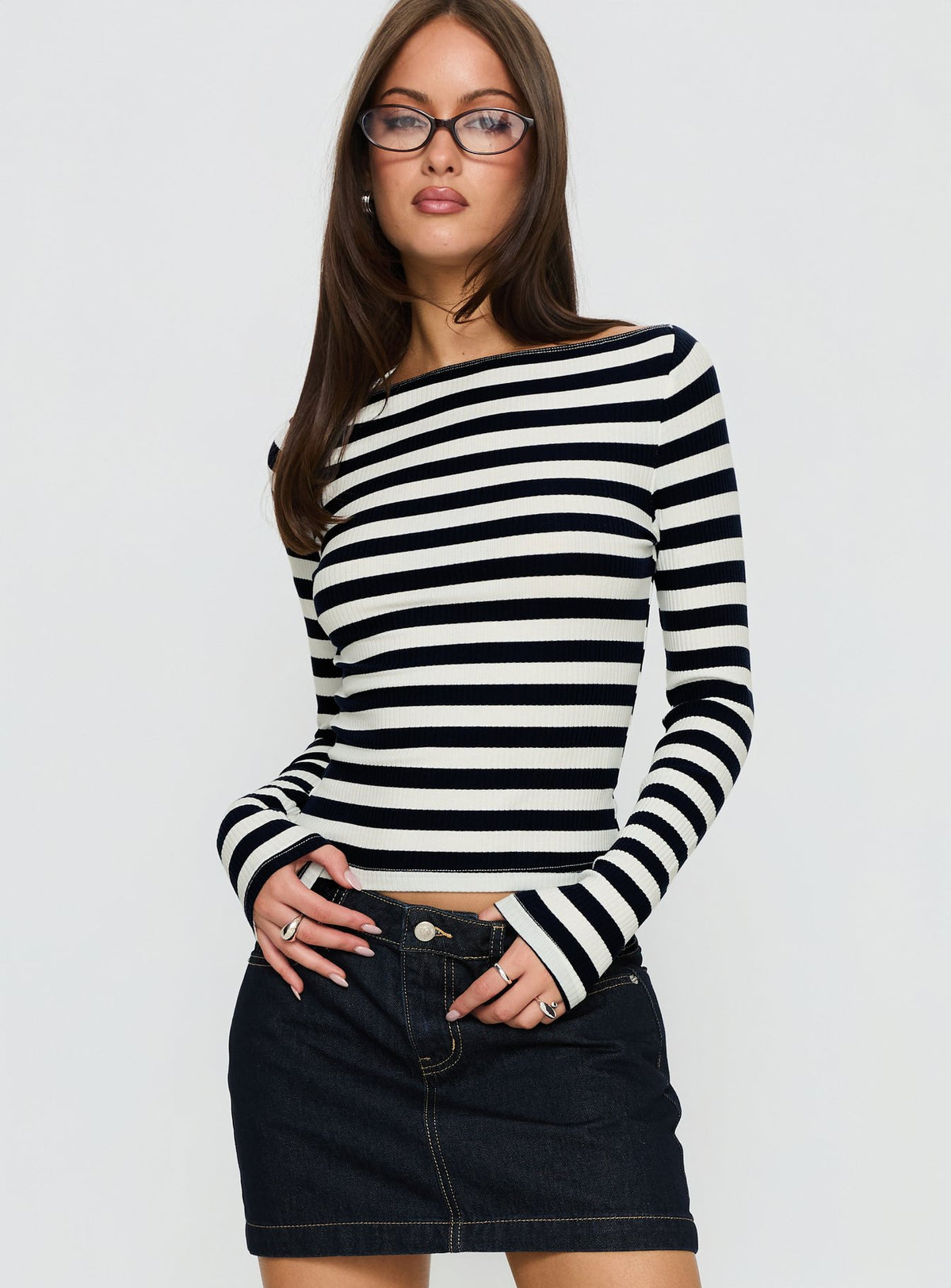 Tashana Long Sleeve Boat Neck Top Navy Stripe