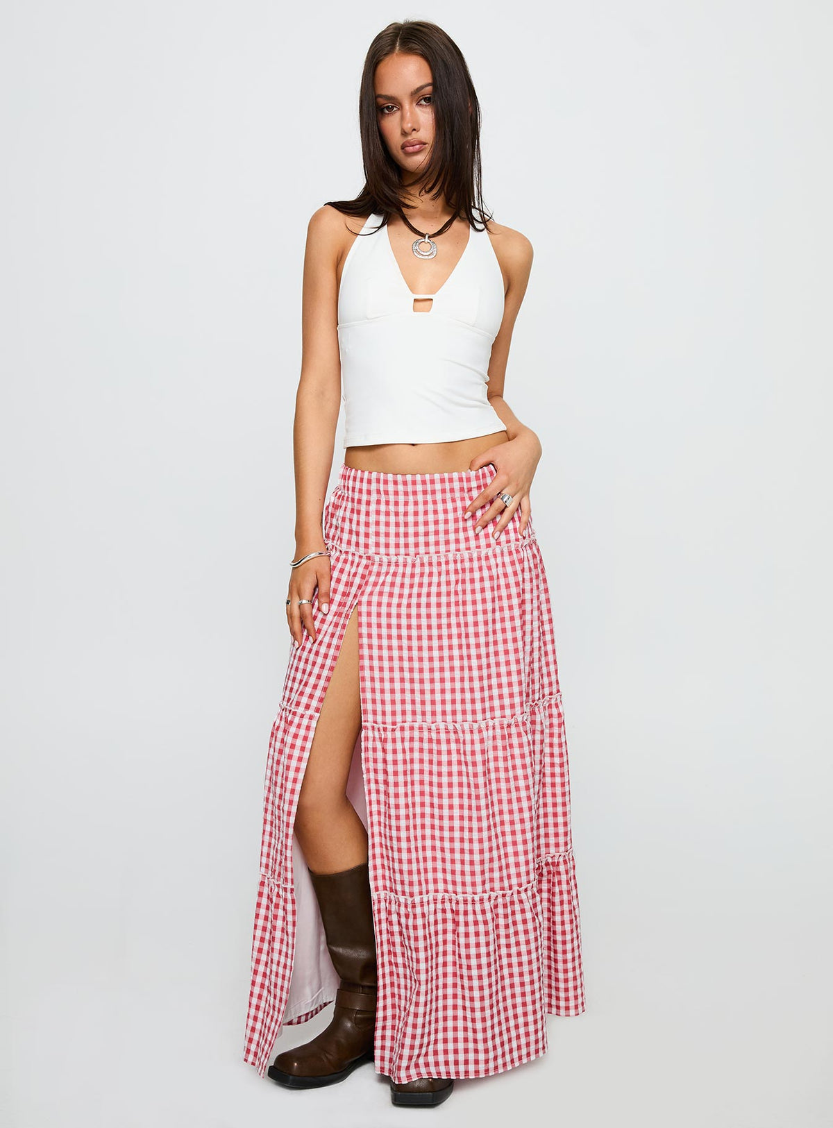   front view of model wearing Princess Polly Ilaina Tiered Maxi Skirt Red Check Maxi Skirts Skirts 