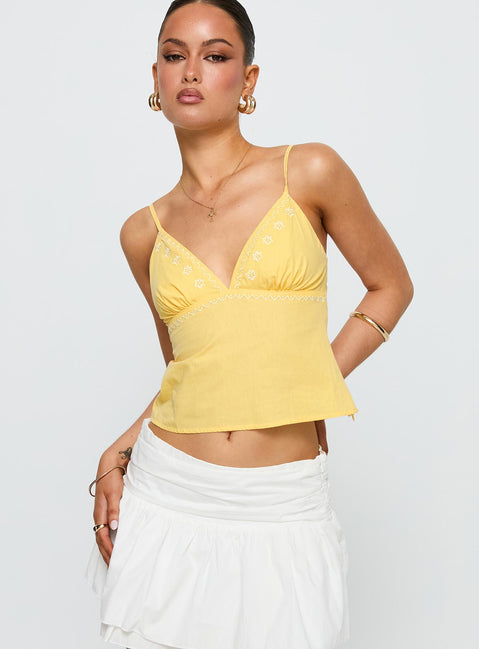 front view of model wearing Princess Polly Honey Honey Top Lemon Sleeveless Plunger 