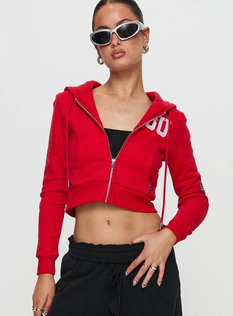 front view of model wearing Princess Polly BU MIA Zip Sweater Red cropped Jumpers 