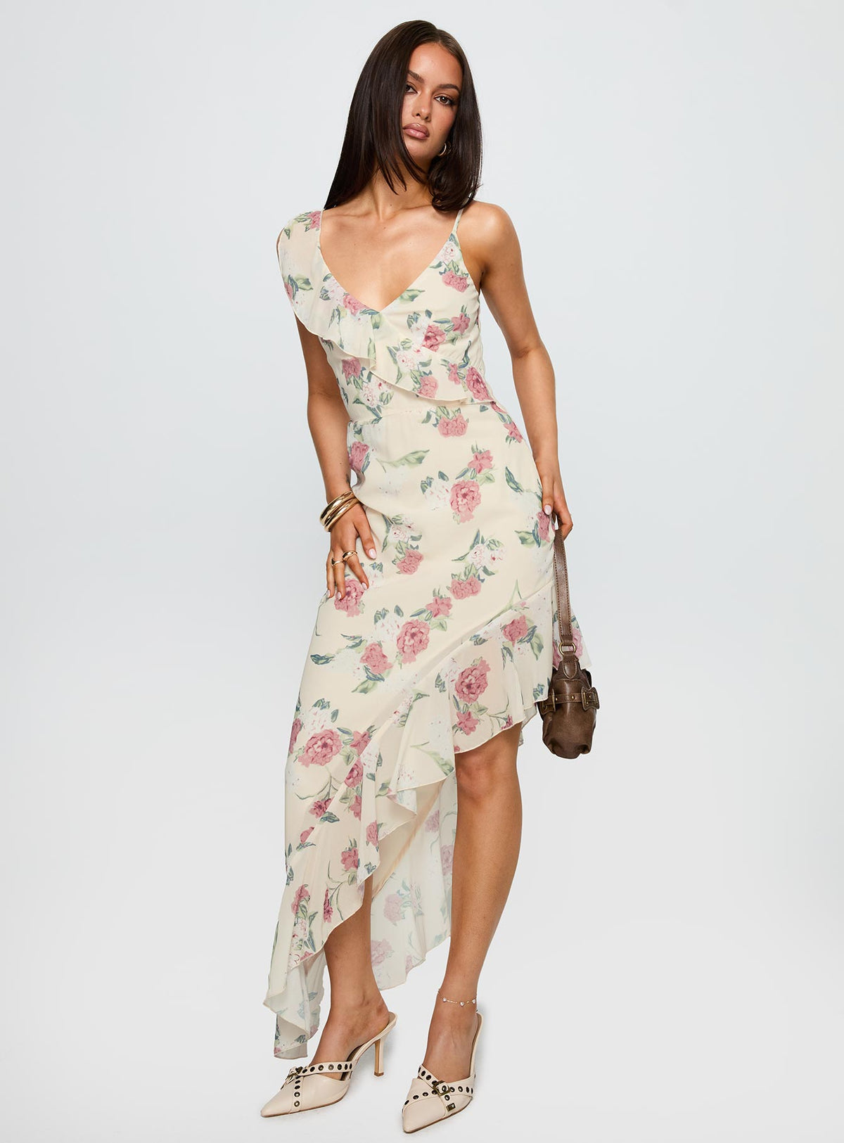front view of model wearing Princess Polly Chrysalis Asymmetrical Midi Dress Multi Floral V-Neck 