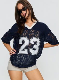 Lucky 23 Lace Jersey Graphic Top Navy