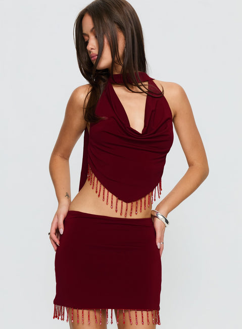 Ginah Bead Tassel Cowl Neck Top Red