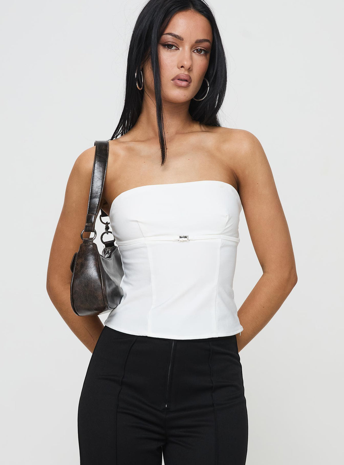 front view of model wearing Princess Polly Flounce Strapless Top White Sleeveless straight 