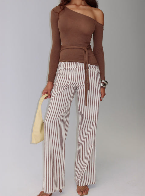back view of model wearing Princess Polly Vendi Low Rise Pant Brown Stripe Low Rise Pants Pants 