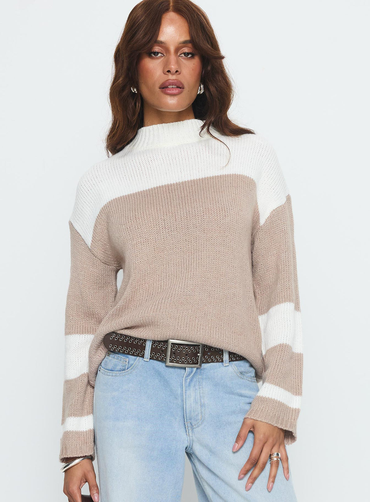front view of model wearing Princess Polly Brandalyn Contrast Mock Neck Knit Sweater Multi Jumpers 