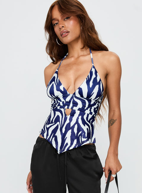 front view of model wearing Princess Polly Averee Halter Top Zebra Sleeveless Plunger 