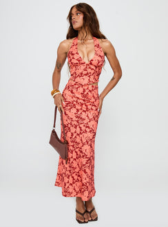   front view of model wearing Princess Polly Casablanca Maxi Skirt Red Floral Maxi Skirts Skirts 