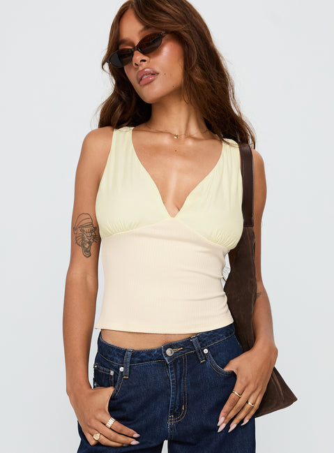 front view of model wearing Princess Polly Can We Dance Top Cream Sleeveless V-Neck 