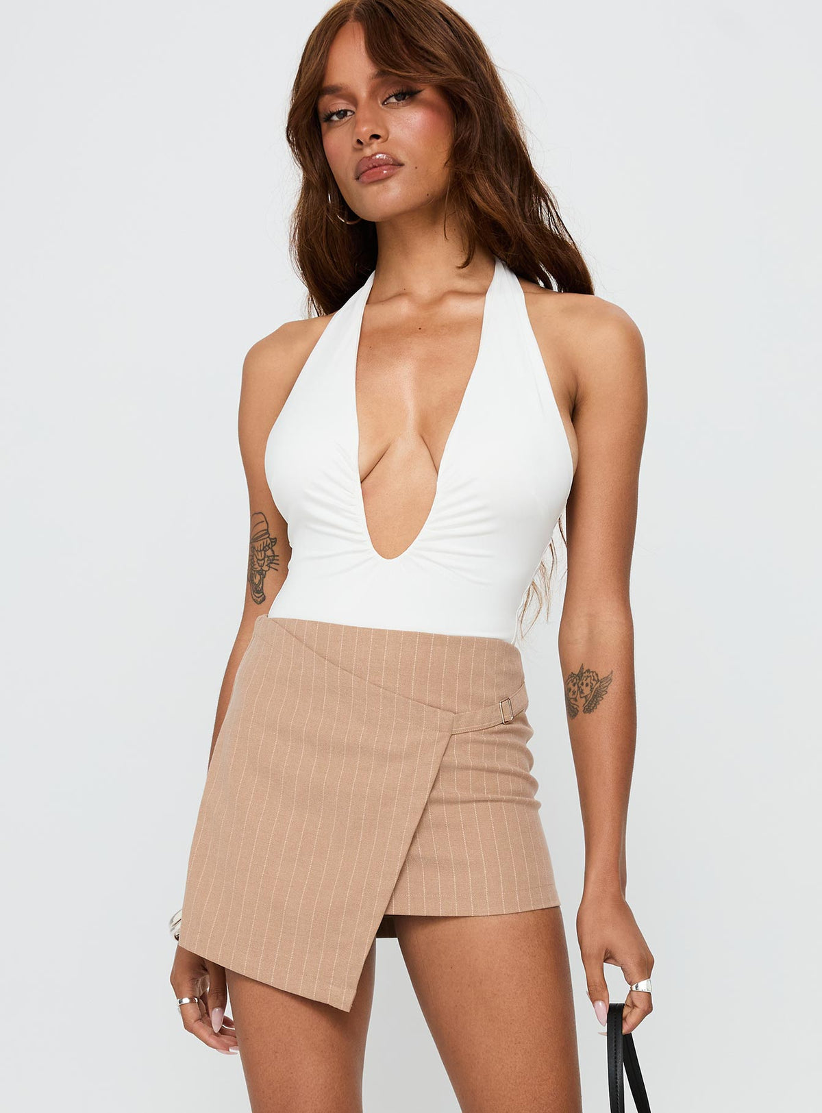  front view of model wearing Princess Polly Strangers Mini Skirt Beige Mini Skirts Skirts 