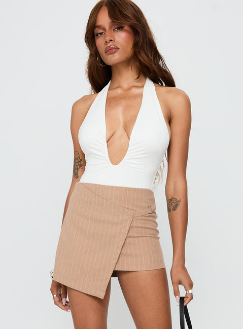   front view of model wearing Princess Polly Strangers Mini Skirt Beige Mini Skirts Skirts 