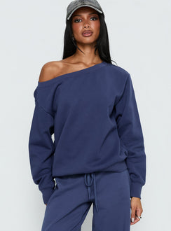 front view of model wearing Princess Polly Wellness Off the Shoulder Jumper Navy Jumpers 
