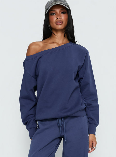 front view of model wearing Princess Polly Wellness Off the Shoulder Jumper Navy Jumpers 