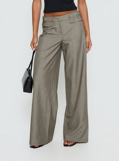 back view of model wearing Princess Polly Jette Tailored Buckle Pant Taupe Pinstripe Mid Rise Pants Pants 