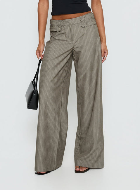 back view of model wearing Princess Polly Jette Tailored Buckle Pant Taupe Pinstripe Mid Rise Pants Pants 