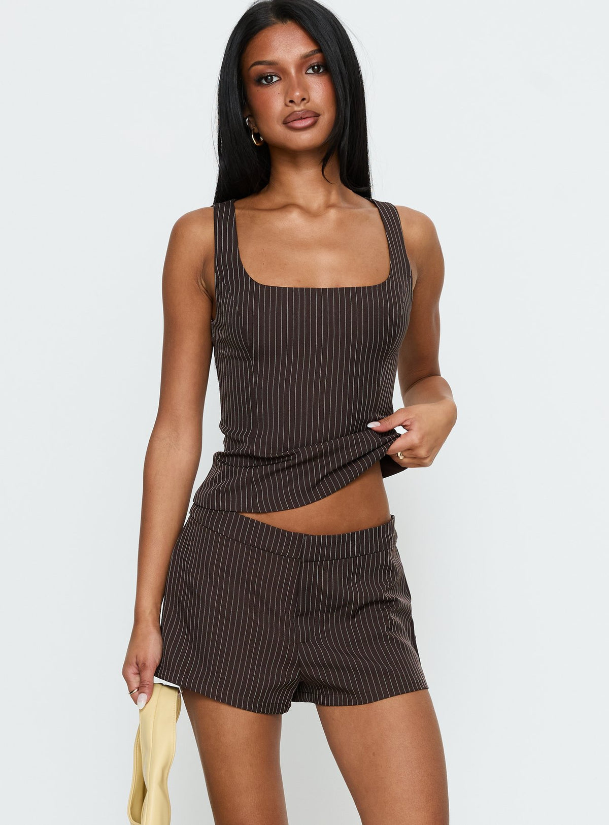 Party Invitations Tailored Shorts Brown Pinstripe