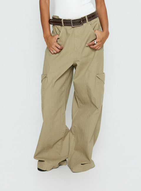Featuring the Sylene Pocket Detail Cargo Pants Khaki in womens-regular-pants with high-rise side view of model wearing Princess Polly