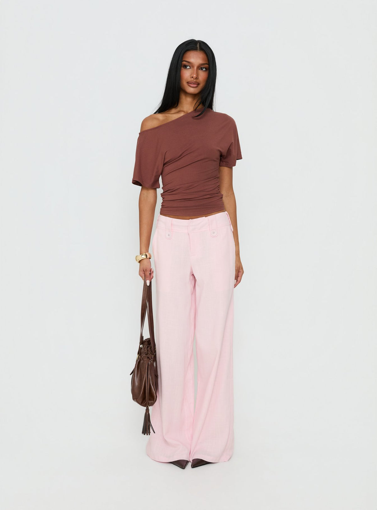 front view of model wearing Princess Polly Pedra Wide Leg Pant Pink Mid Rise Pants Pants 