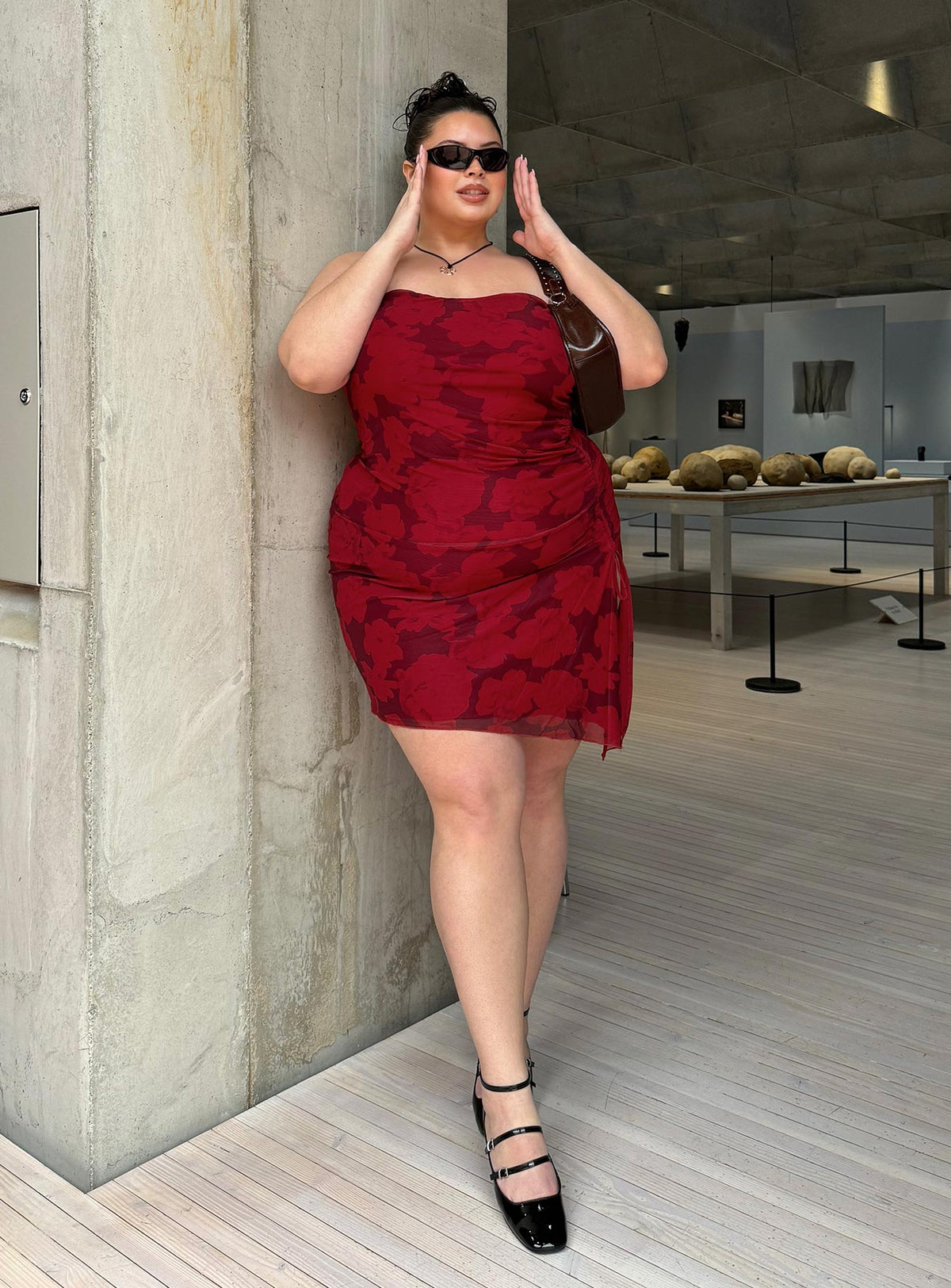 front view of model wearing Princess Polly Donelli Mini Dress Burgundy / Red Floral Curve Straight Neck 