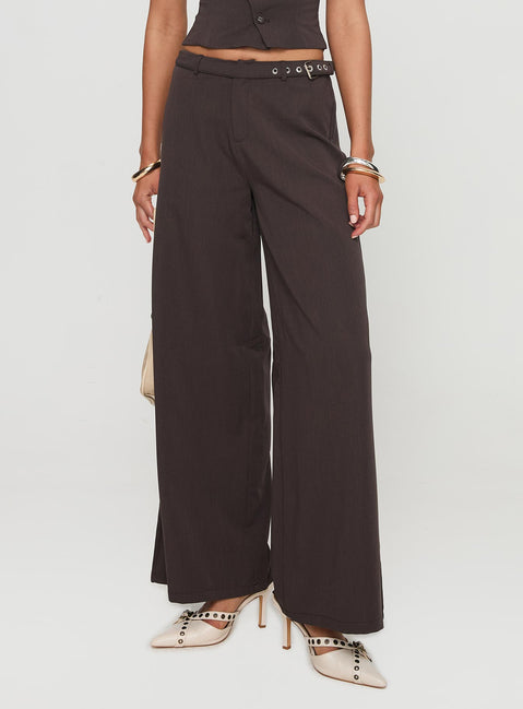 front view of model wearing Princess Polly Miku Pants Brown Petite High Rise Pants Pants 