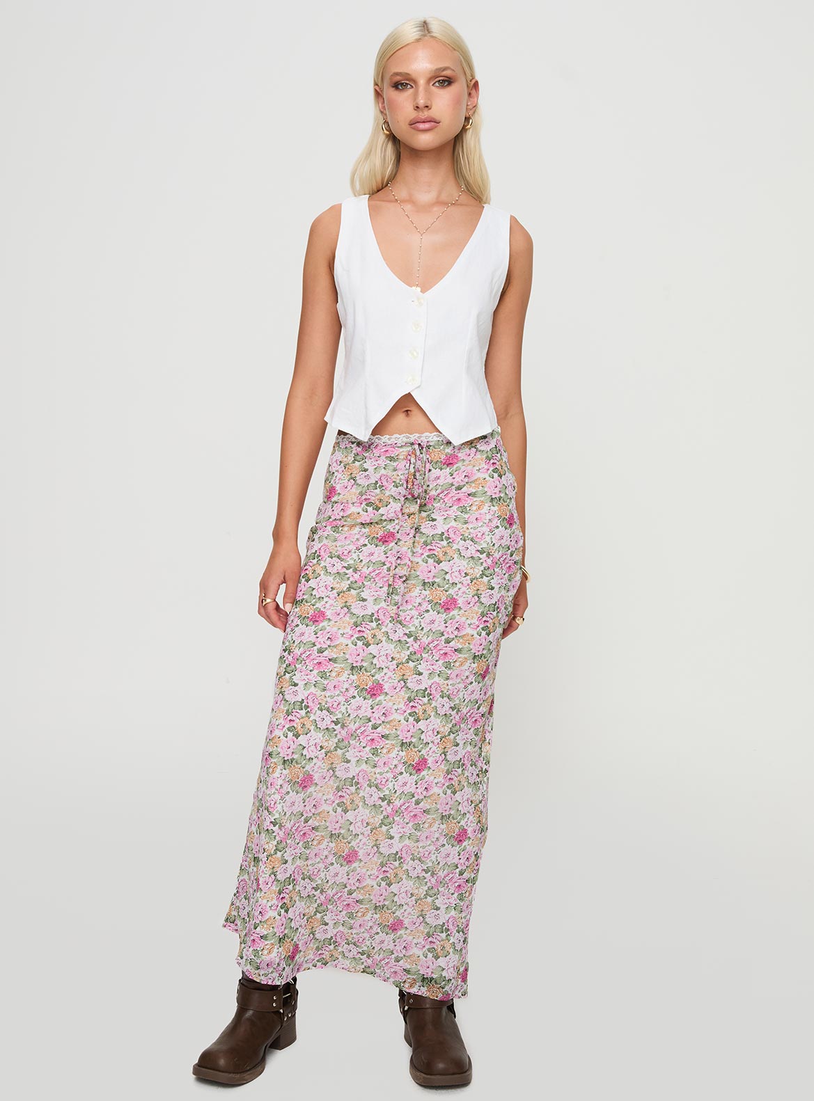   front view of model wearing Princess Polly Emily Maxi Skirt Pink Floral Maxi Skirts Skirts 