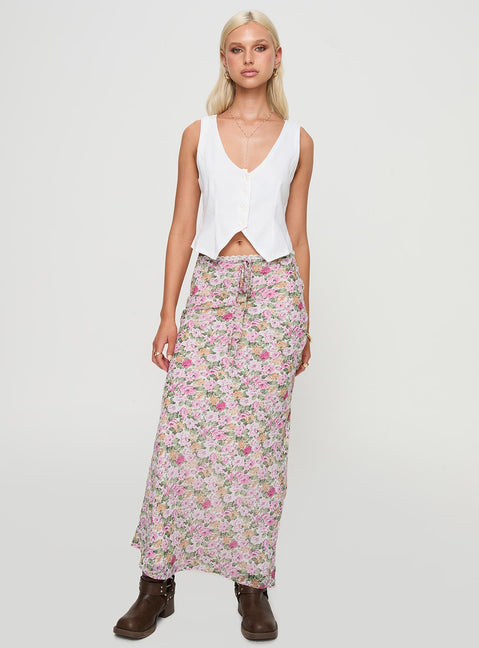  front view of model wearing Princess Polly Emily Maxi Skirt Pink Floral Maxi Skirts Skirts 