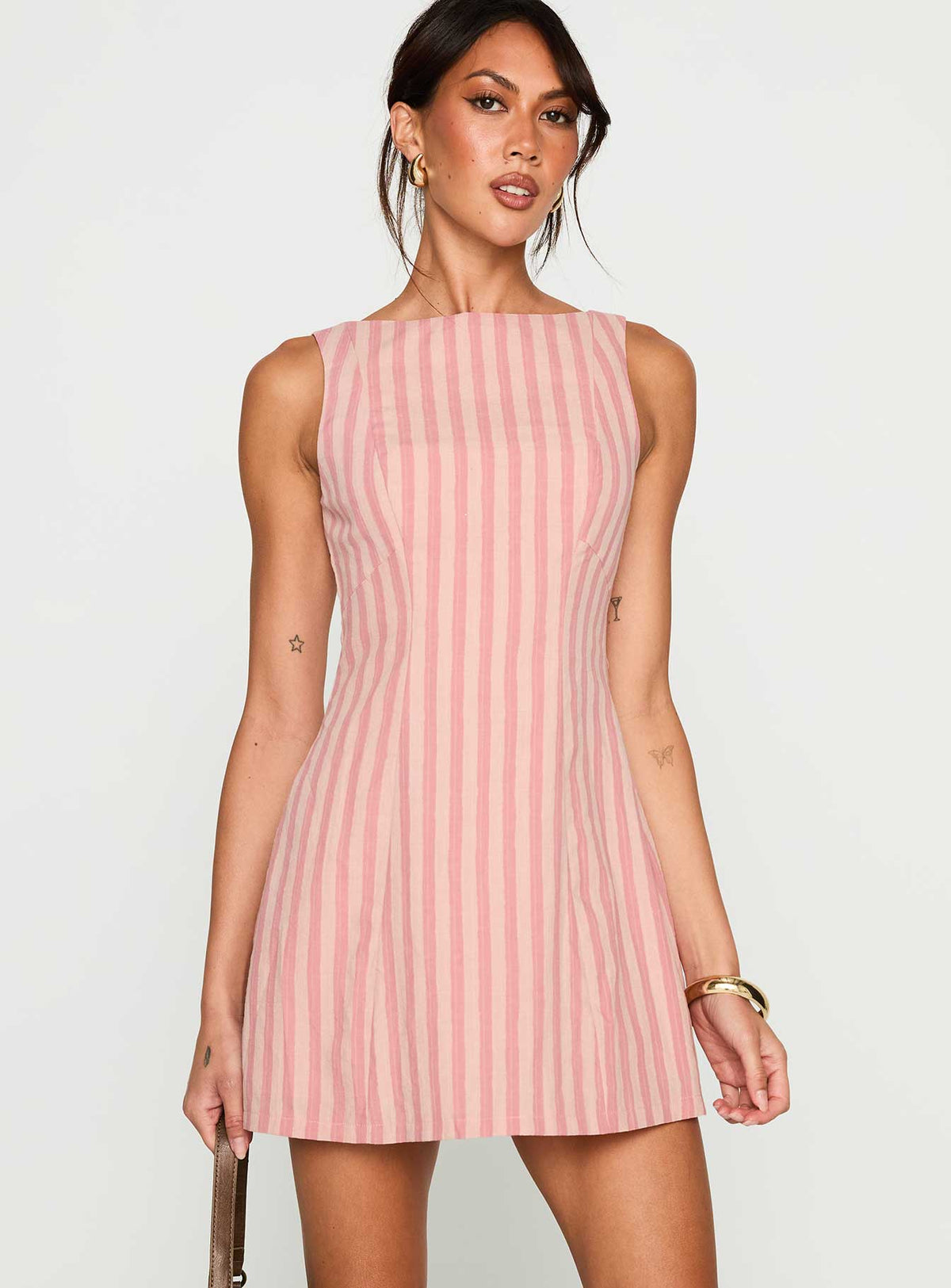 front view of model wearing Princess Polly Auggie Mini Dress Multi Boat Neck 