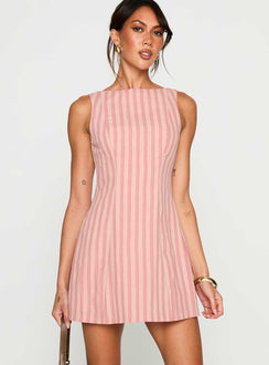 front view of model wearing Princess Polly Auggie Mini Dress Multi Boat Neck 