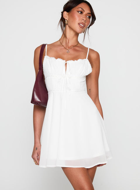 front view of model wearing Princess Polly Pure Joy Mini Dress White Scoop Neck 