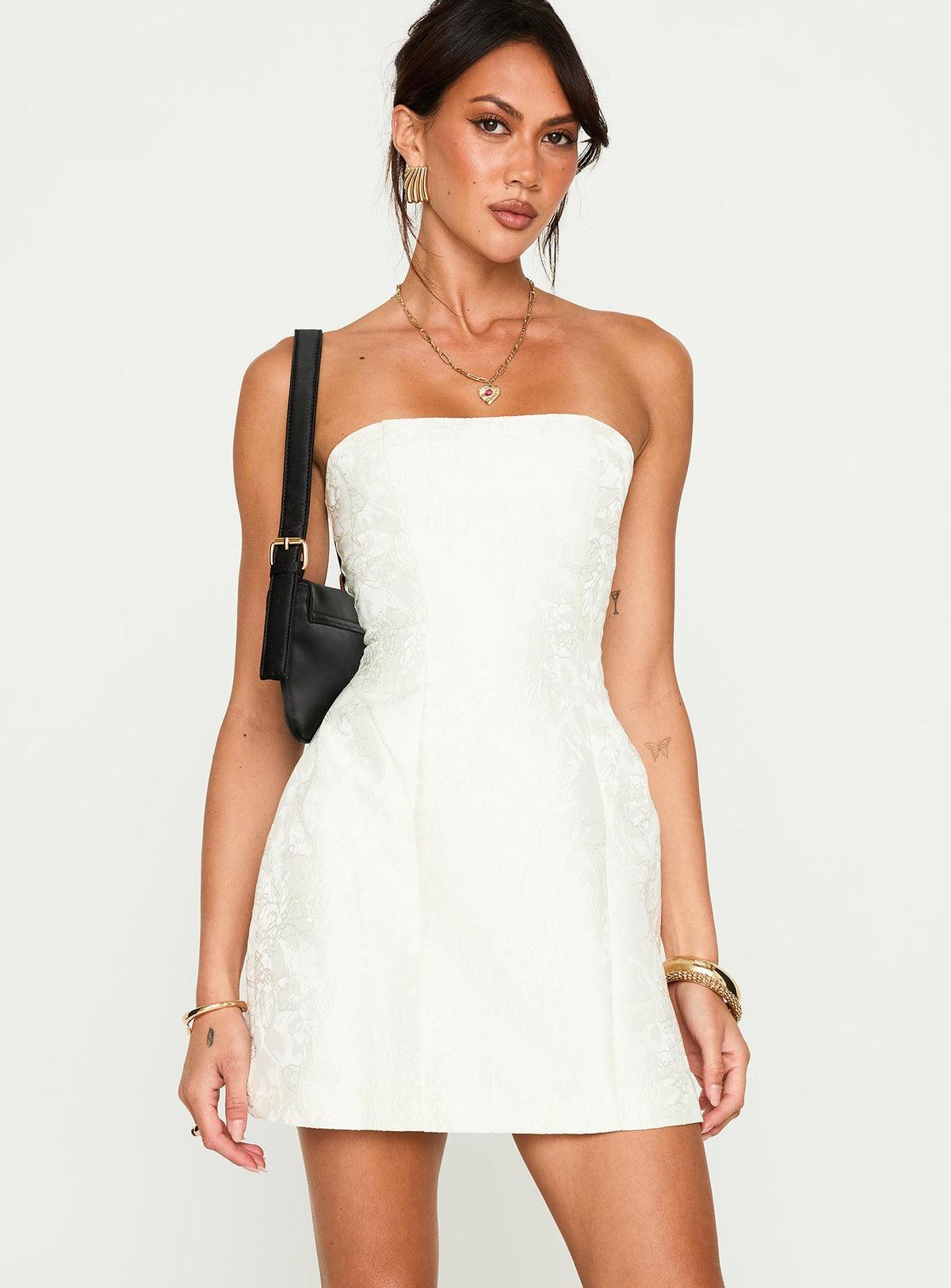 front view of model wearing Princess Polly Heaven Sent Strapless Mini Dress White Straight Neck 