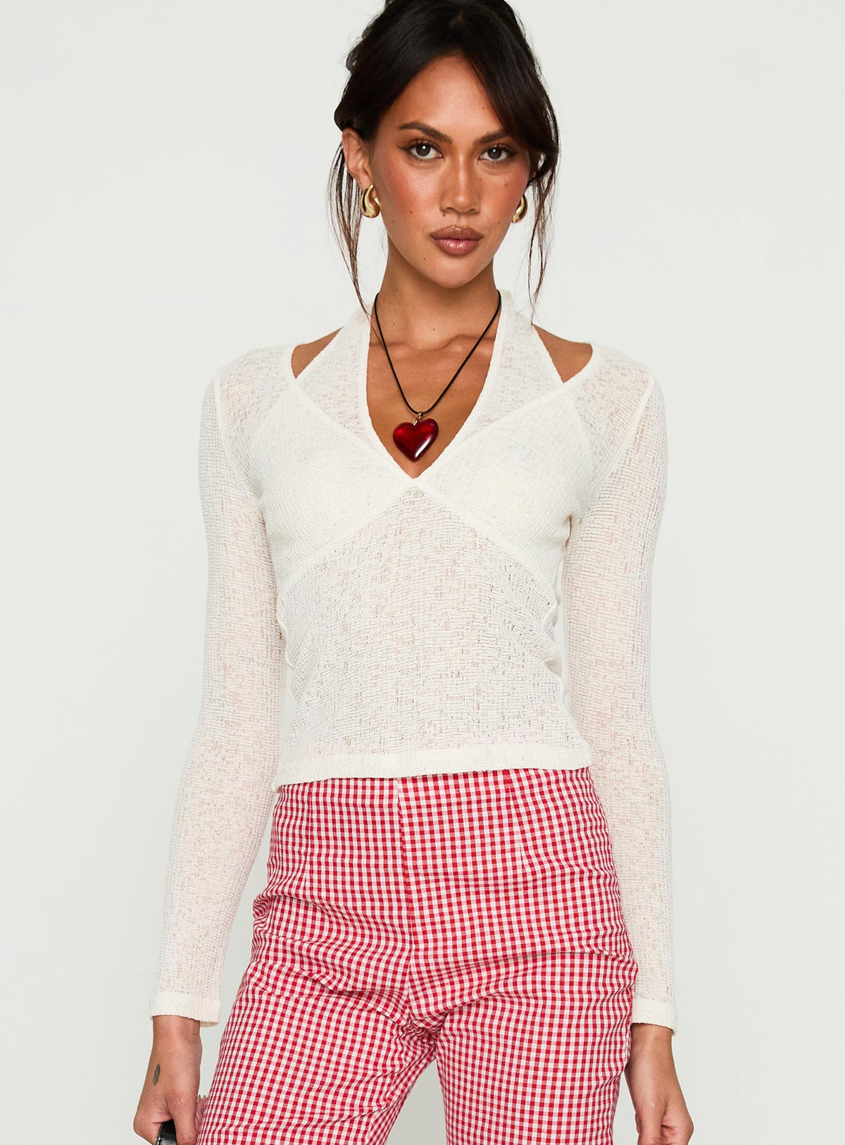 front view of model wearing Princess Polly Levitating Long Sleeve Top White Full Sleeves V-Neck 