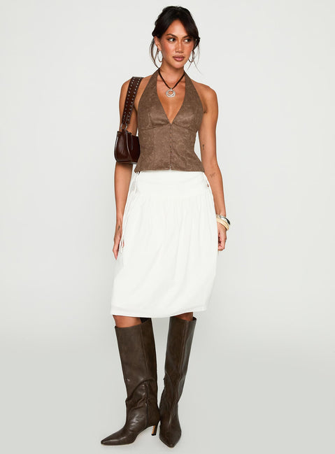   front view of model wearing Princess Polly Snowflakes Tie Side Midi Skirt White Skirts 