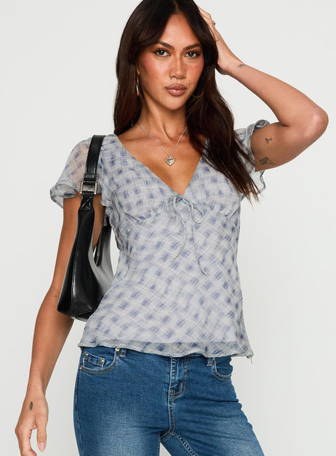 front view of model wearing Princess Polly My Last Love Top Blue Check Short Sleeves Plunger 