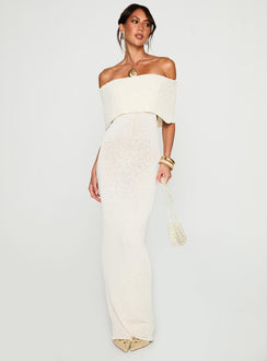 front view of model wearing Princess Polly Nixen Strapless Knit Maxi Dress Cream Straight Neck 