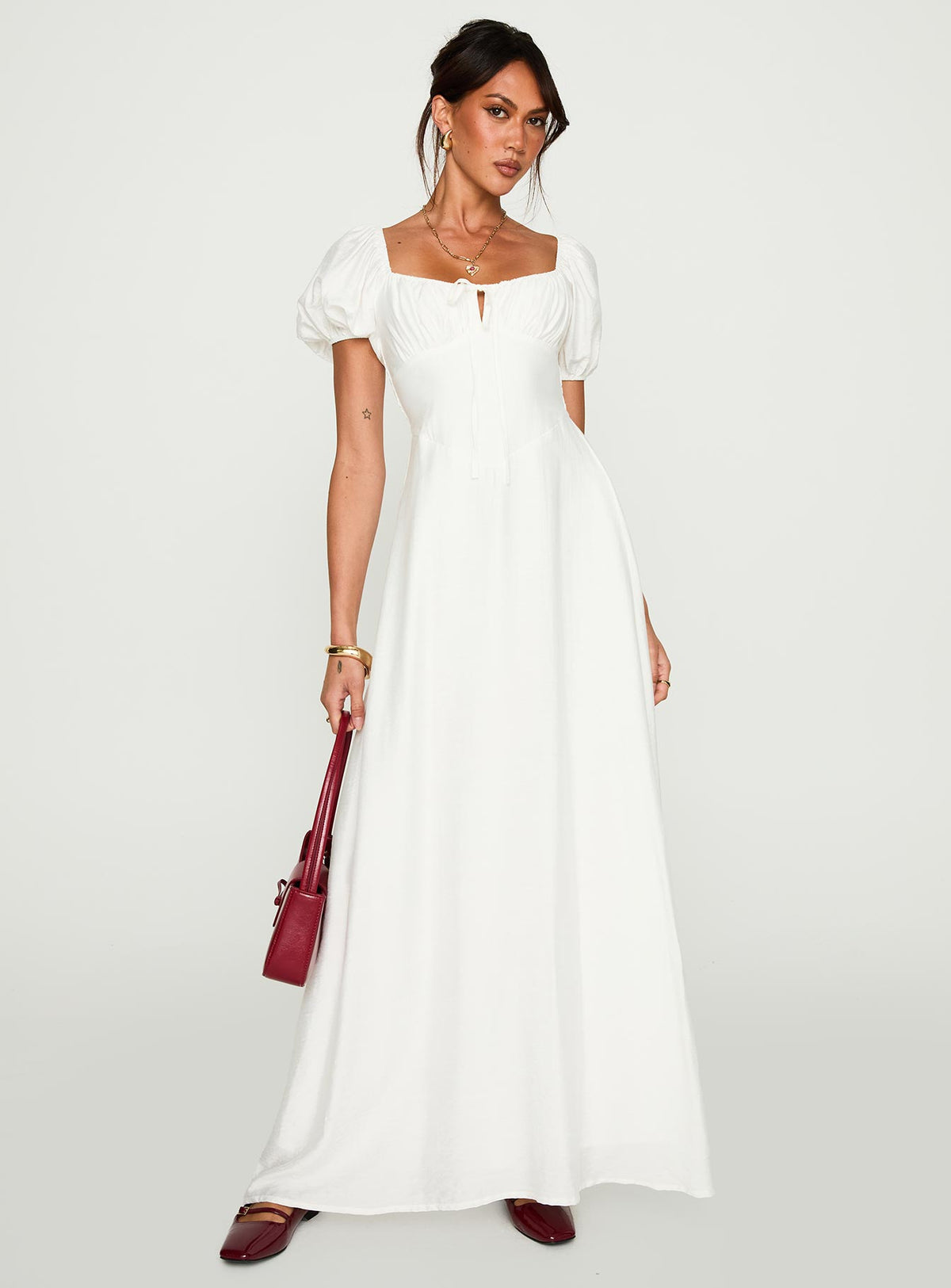 side view of model wearing Princess Polly Summer Song Maxi Dress White Scoop Neck 