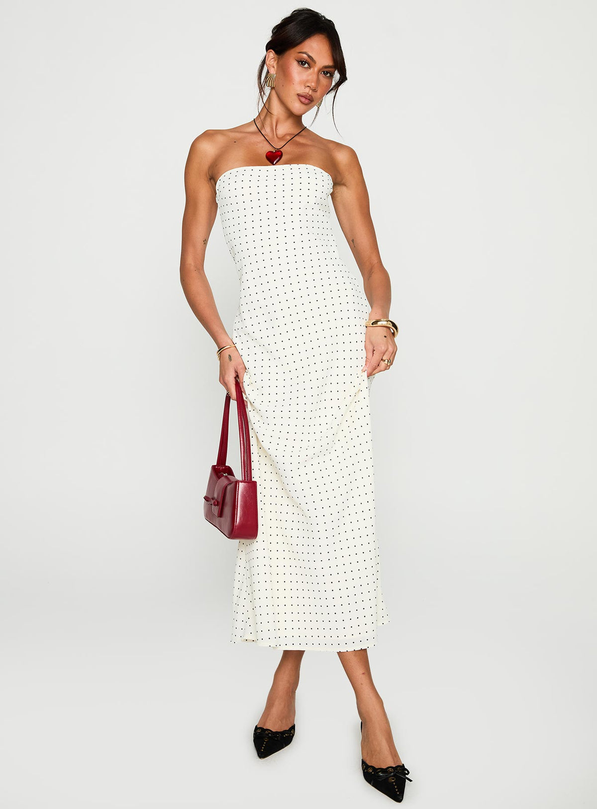 front view of model wearing Princess Polly Just For Fun Strapless Maxi Dress White Polka Dot Straight Neck 
